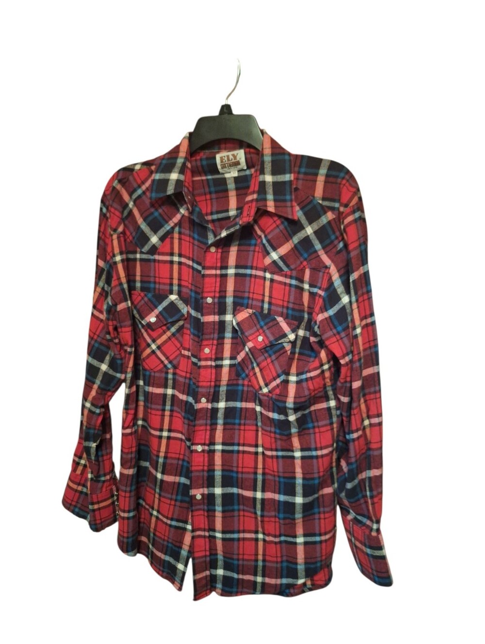 Ely Cattleman Flannel Shirt Mens Medium  Pearl Snap Red Plaid Western Vintage